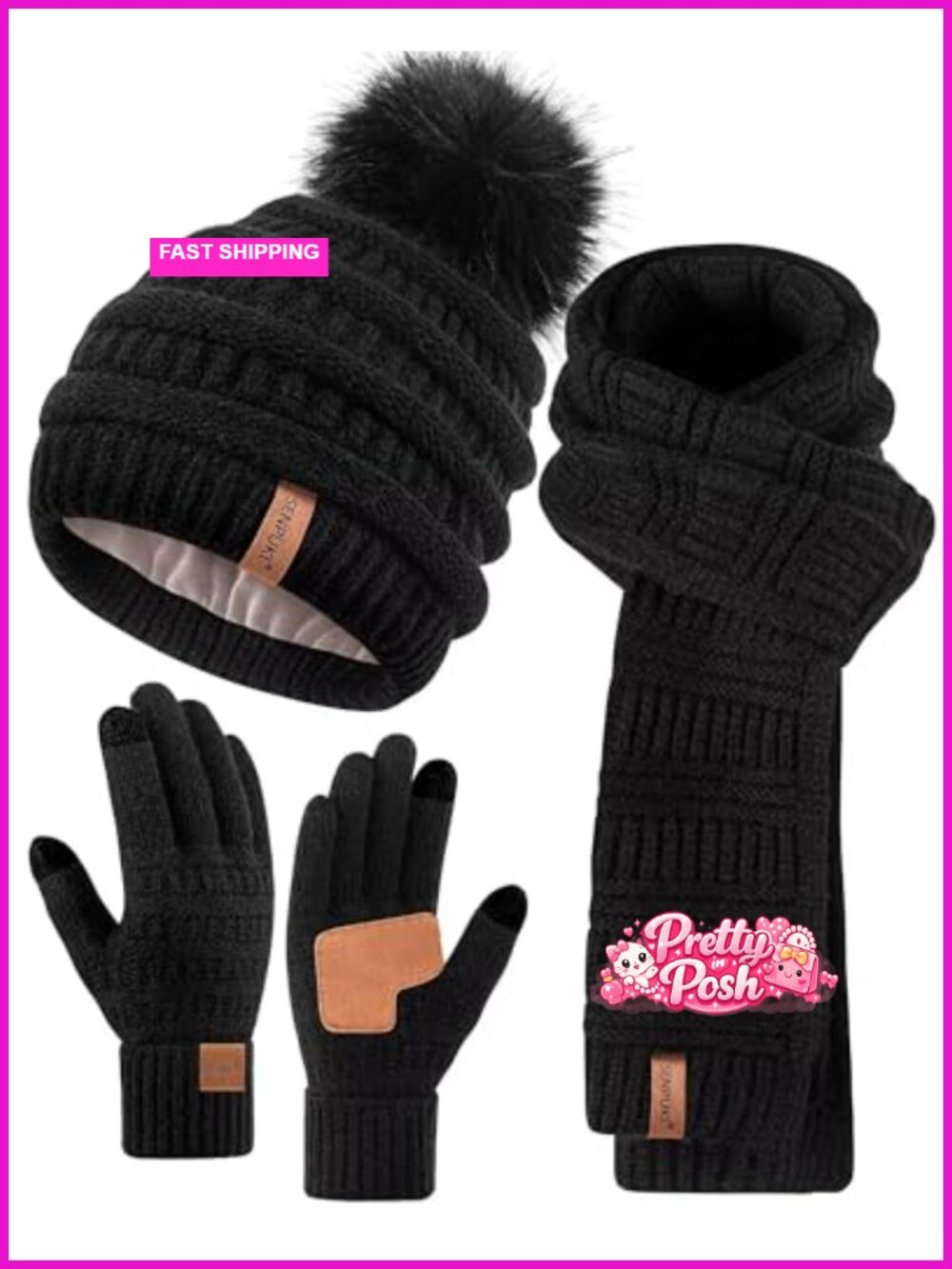 Womens Winter Beanie Scarf Gloves Set Fleece Lined Pom Pom Hat Touchscreen